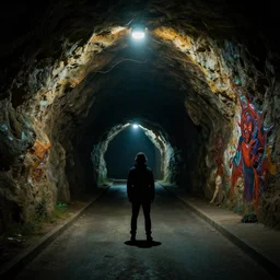 a person standing in a tunnel under a street light, a cave painting by roberto da matta, cgsociety, light and space, volumetric lighting, ominous vibe, demonic photograph