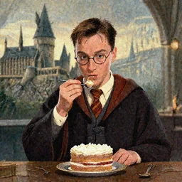 Forrest gump eating a cake in hogwarts, digital art, highly detailed, in the style of Heraldo Ortega