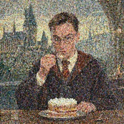 Forrest gump eating a cake in hogwarts, digital art, highly detailed, in the style of Heraldo Ortega