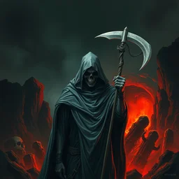 death in front of hell with a cloak and a sickle in his hand, ominous, realistic smooth detailed artwork, intricate lines, clear focus, conceptual art, scene art, arsen asyrankulov, antonino truisi
