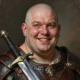 rulf mournhell, solo male weary soldier, young adult, bald, lumpy head, blue eyes, oblong ugly face, overweight, many piercings, jovial, leather armor, shortsword, clear symmetrical eyes, a male dnd fighter's portrait, clear eyed, realistic, by brian patterson and rhads!!!, palette knife background