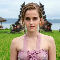 emma watson wearing kebaya bali in bali. temple lake rice field ocean. front view. instagram closeup holiday photo shoot, perfect faces, beautiful