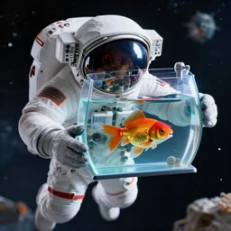 the astronauts are floating in space, and the helmet is a fish tank, in which there is a goldfish with teeth exposed and smiling, e highly intricate details, 8 k, hdr, octane render