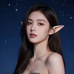 a photorealistic stunningly beautiful elf girl, professionally retouched, soft lighting, hyper realistic, beautifully detailed starry sky in background, gorgeous round lips, black eyes, brightly colored stars, wide angle, sharp focus, 8 k high definition, 6 4 megapixels, insanely detailed, stunningly beautiful