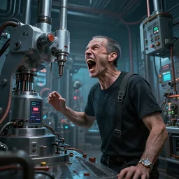 artist screaming in horror as they are turned into nfts by a machine learning system, psychedelic factory, dark industrial, masterpiece