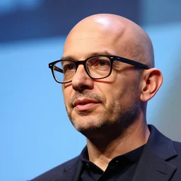 close up photographic portrait of a bald, 6 0 year - old seo consultant with stubble and dark - rimmed glasses speaking on stage at a conference.