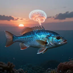 cyber pike fish with a glowing brain, neural interface, glowing veins subsurface scattering, deep sea, sunset, portrait by gerald brom, by mikhail vrubel, by peter elson, muted colors, extreme detail, trending on artstation, 8 k