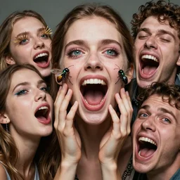 multifaceted!!! insects eyes, emerging hands and beautiful aesthetic women ’ s and men screaming laughing and crying face, full colour, upscale, 8 k, masterpiece