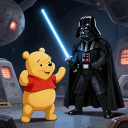 winnie the pooh fights darth vader with light sabers inside of the death star