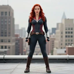 phil noto, artgerm, pretty scarlett johansson black widow, symmetrical eyes, long red hair, full body, city rooftop