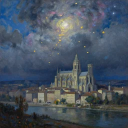 breathtaking oil painting of a medieval city landscape with moody dark tumultuous clouds, palette knife, at blue dawn with strokes of light and golden petals flying, galaxy and cosmos nebulae, art nouveau cathedral on the shore, rembrandt style, concept art, matte, palette knife painting, by georgia hart and osnat fine art,