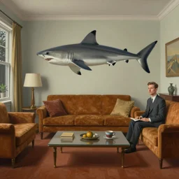 A shark floating in a 1960s art deco living room, highly detailed, very coherent, painted by Francis Bacon and Edward Hopper, Wayne Barlowe, painted by James Gilleard, surrealism, airbrush,  art by JamesJean