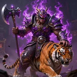 enraged orc king in spiky armor with a purple fiery aura!!!!!!, wearing a dragon mask, holding a poisonous axe, riding a tiger, trending on artstation, sharp focus, highly detailed, digital fantasy art