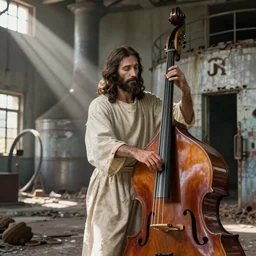 jesus playing the double bass in an abandoned cookie factory