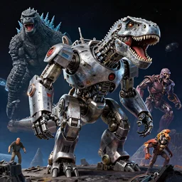 mechabot, dinosaur robot, in space, from pacific rim (2013) from King kong (2005), from godzilla (2014) from kong skull Island (2017), from jurassic World (2015), from guardians of the galaxy, from transformers, cgsociety, ArtStation, by drew struzan