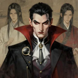 sharp hq rendering, vampire, character portrait, concept art, painterly, fanart, highly detailed in the style of wlop by ilya kuvshinov, wenjun lin, sakimichan, artgerm, angular asymmetrical design, chinese artist, eastern art style, nixeu