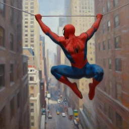 oil painting of spiderman swinging through new york city buildings. far away, from behind, epic, sense of motion, motion blur, artstation, artgerm