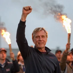 photograph of geert wilders raising a fist in the air and leading an angy torch - wielding mob on malieveld, shouting, crazy eyes, atmospheric lighting, by joel meyerowitz, by saul leiter
