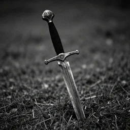 A sword stuck in the ground. Close Up Shot, Dark Fantasy, Film Noir, Black and White. High Contrast, Mike Mignola, D&D, OSR