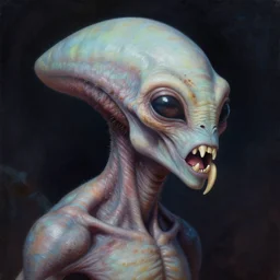 a sentient alien from a newly discovered planet. angular jaw, open mouth, large canine teeth and it's throat is covered in spiny hairs, it's smooth bioluminescent skin is splattered by brown freckles on its cheeks, middle aged, hunter gatherer, portrait painting, beautiful, hyperrealistic