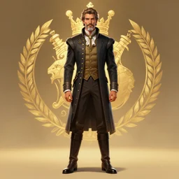 centered detailed full body character concept of a distinguished gentleman with a salt and pepper goatee, wearing riding boots, realistic character concept, vibrant colours, elegant pose, fantasy, illustration, slender symmetrical face and body, artstation, cinematic lighting, hyperdetailed, cgsociety, 8k Resolution, high resolution, Charlie Bowater, Tom Bagshaw, Tom Richmond, insanely detailed and intricate, beautiful, elegant, golden ratio, royal insignia in background