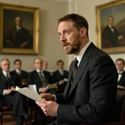 tom hardy ( ( ( beard ) ) ) clean - shaven, reciting poetry to a room full of businessmen, painting by gaston bussiere, craig mullins, j. c. leyendecker