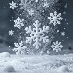 surreal photography falling silk snowflakes with tiny faces in the middle of the snowflakes. volumetric render