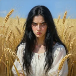 Hyper realistic detailed painting of a Paludnitsa! (in a lush wheat crop). Perfect face, beautiful!, white dress, menacing!, melancholic!!, long black hair, blue sky, highly detailed, sharp focus, digital painting, art by Eddie Mendoza, detailed and intricate environment, highly detailed, award winning.
