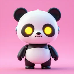 3D Render Portrait Of A Cute, Robot Panda With Glowing Yellow Eyes On A Neon Pink Background, Digital Art