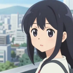 anime visual, portrait of a young female sightseeing above the city, cute face by yoh yoshinari, katsura masakazu, dramatic lighting, dynamic pose, dynamic perspective, strong silhouette, ilya kuvshinov, cel shaded, outlined!!!, rounded eyes, moody, detailed facial features