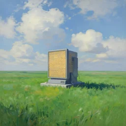 a super computer with thousand lights in the middle of a green field, white clouds in sky, surreal, impressionist painting, digital painting, artstation, rob gonsalves