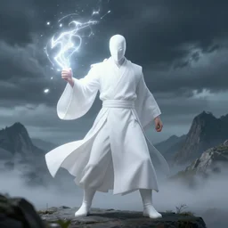 thunder man, storm, white robe, light spell, mountains, environment, artstation