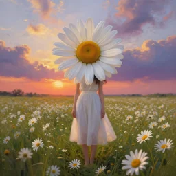 full body daisy flower head girl standing in a flower field, her head is hidden behind the huge daisy flower,. surreal photography, sunrise, dramatic light, impressionist painting, colorful clouds, digital painting, artstation, simon stalenhag