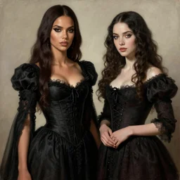 a beautiful woman with gothic dress, adriana lima, misa amane. by rembrandt 1 6 6 7, illustration, by konstantin razumov