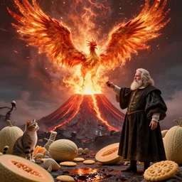 by barthel bruyn the elder and senior character artist, visually stunning, cinematic, ultra realistic, hyper realism, 1 2 k, epic, octane render, unreal engine, vfx, maya, a phoenix giving the illusion of an eruption, cats and cantaloupes, vitruvian alien, the volcano is wet, biscuit sculpts for your creations and delight