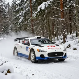 a 2 0 0 4 maserati mc 1 2, racing through a rally stage in a snowy forest