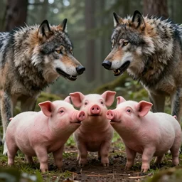 three funny little pigs playing with the wolf who is begging for mercy. cinematic lighting, unreal engine, 8 k, hd extremely detailed. 4 k. award winning. ultra realistic photo.