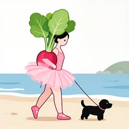 radish in a pink ballet tutu, by john harris, while walking a dog on a beach, anime style, 4 k, high detail, minimalistic