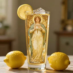 virgin mary, tall iced tea glass, hybrid, by alfons mucha, golden hour, realistic, sharp focus, 8 k high definition, insanely detailed, intricate, elegant, lemon