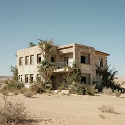 an old brutalist house with overgrown vegetation, the house stands in a desertic landscape, art by filip hodas and ismail iceoglu, cinematic, award winning