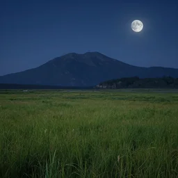 Grassy fields with large mountains in the distance, nighttime, moon in the night sky, landscape wallpaper, d&d art, fantasy, painted, 4k, high detail, sharp focus