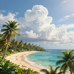 An epic fantasy style  painting of a sunny tropical paradise, unreal 5, DAZ, hyperrealistic, octane render, volumetric clouds dynamic lighting