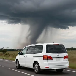 white minivan driving away from a tornado, 4k, realism