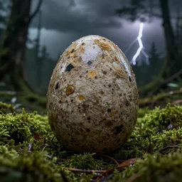 dinosaur egg hatched in a mossy forest during a thunderstorm, glossy, hyperrealistic, high detail, professional picture, mysterious, dark colors, high contrast