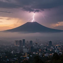 sumeru mountain in indonesia, landscape, cinematic lightning, aesthetic, sunset, modern city, foggy, trending on artstation, realistic
