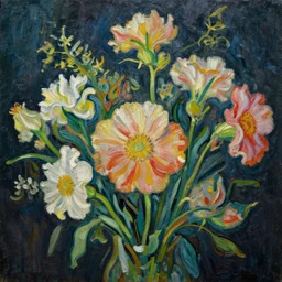highly aesthetic painting of flowers, macro perspective, painted by vincent van gogh, dark background