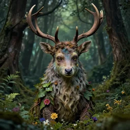portrait of benjamin netanyahu as a magical forest critter, antlers, branches, leaves, flowers, livid colored skin, by brian froud