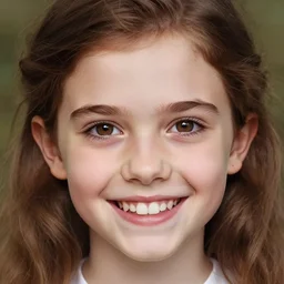 close up portrait of 1 5 - year - old girl, smile with large front teeth, hermione, very bushy brown hair, and very bright brown eyes, wearing white shirt, hyper realistic face, beautiful eyes, close up, fantasy art, in the style of greg rutkowski, intricate, alphonse mucha, hyper detailed, smooth