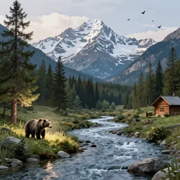 « mountain in the background with snow on the top of it, a river in the middle ground, trees, a bear near a tree, glowing light, photorealistic, unreal engine 5, sharp focus, some rocks in the river, some birds in the sky, and a small woody house on the right far »