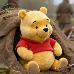 detailed realistic photo Winnie-the-Pooh in the trench of civil war